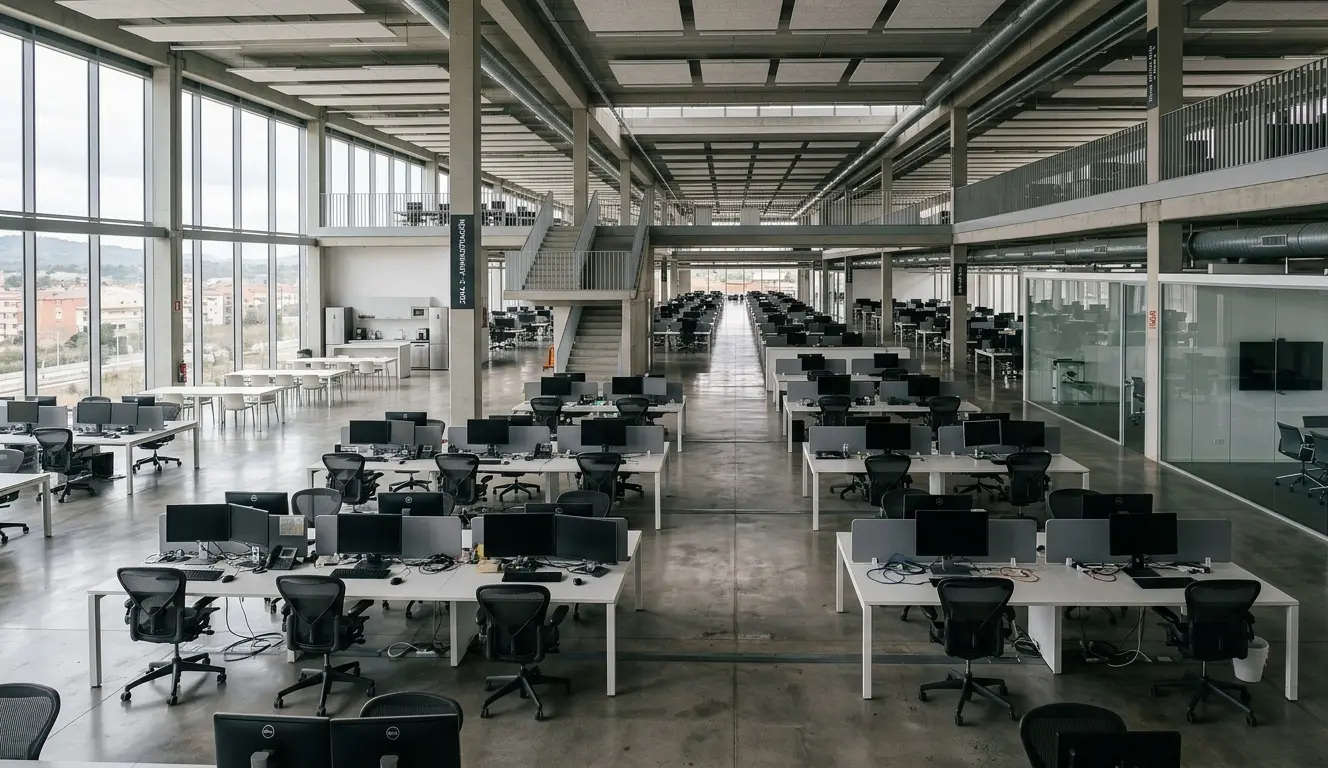 Oficina profesional con zona de trabajo y sala de reuniones preparada para tramitación de licencia de actividad para oficinas