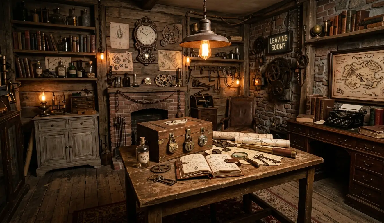 Sala temática de escape room con sistema de seguridad y evacuación preparada para tramitación de licencia de actividad para escape room