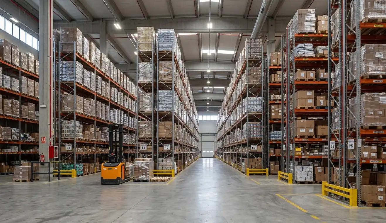 Almacén industrial con estanterías metálicas y zona de carga preparado para tramitación de licencia de actividad para almacén en Cataluña