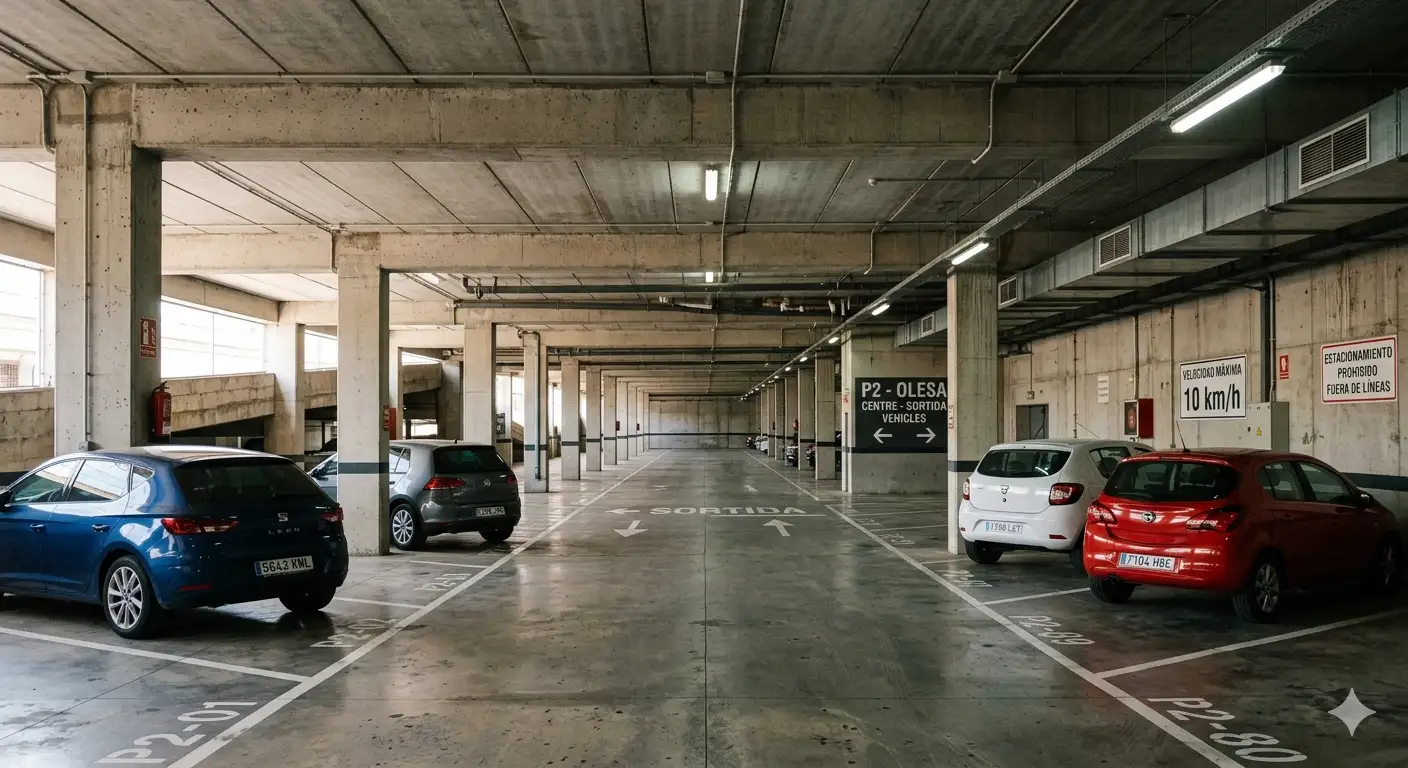 Parking subterráneo con señalización vial y sistema de ventilación forzada preparado para tramitación de licencia de actividad para parking