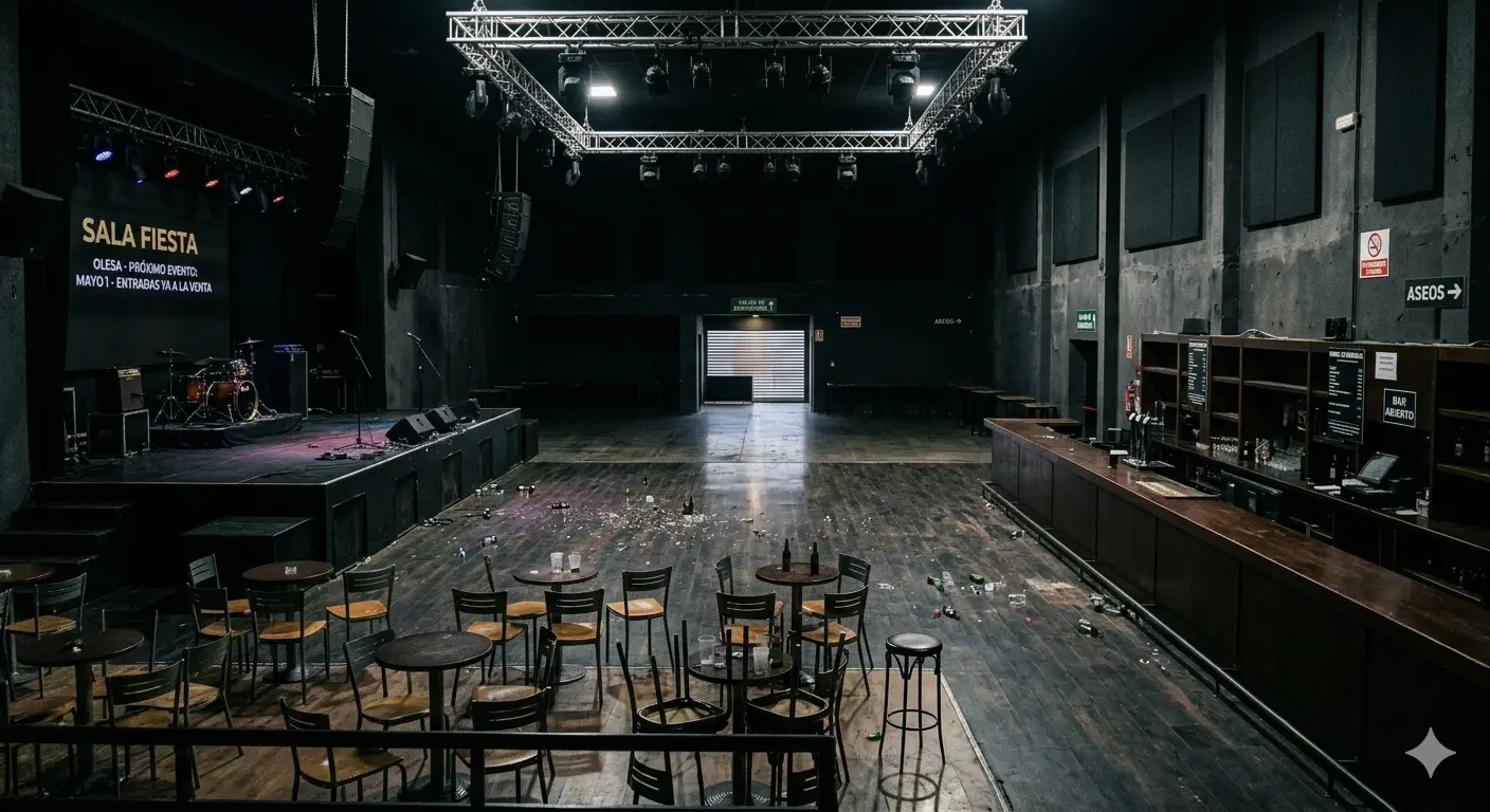 Sala de fiestas con escenario iluminado y pista de baile preparada para tramitación de licencia de actividad para sala de fiestas