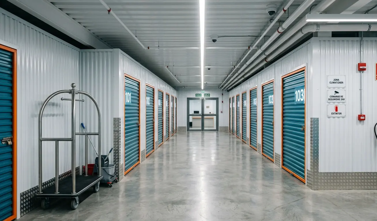 Centro de trasteros self storage con pasillos sectorizados y sistema contra incendios preparado para tramitación de licencia de actividad para trastero