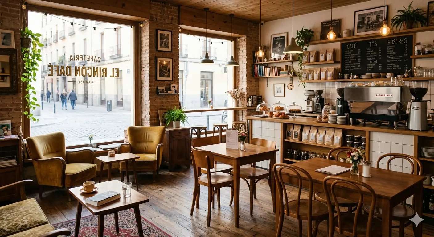 Cafetería con barra de café y zona de mesas preparada para tramitación de licencia de actividad para cafetería en Cataluña