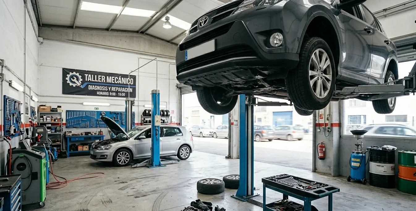 Taller mecánico con elevador hidráulico y vehículo en reparación durante tramitación de licencia de actividad para taller mecánico