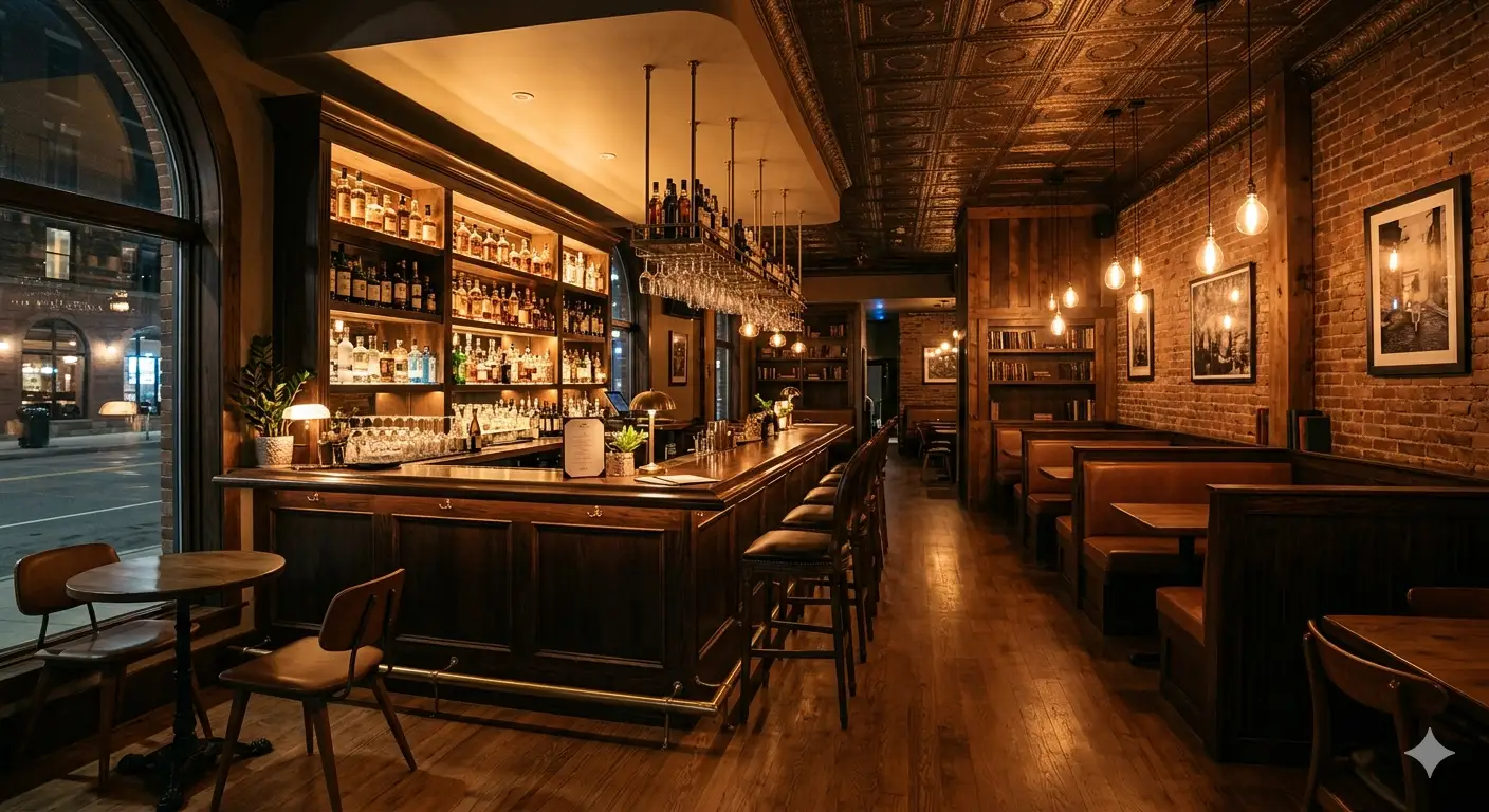 Interior de bar con barra y zona de mesas preparado para tramitación de licencia de actividad para Bar en Cataluña